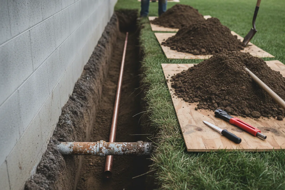 Excavated water line trench during Water Heater Repair in Sumava Resorts